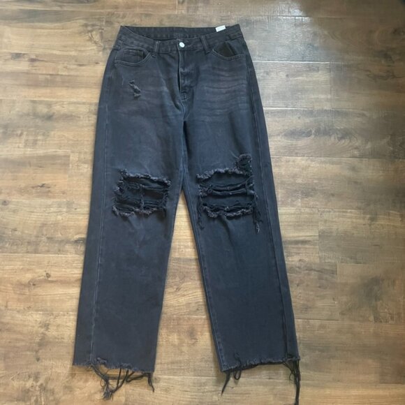 SHEIN Black Distressed Relaxed Boyfriend Jeans Women’s Size L - Picture 1 of 8